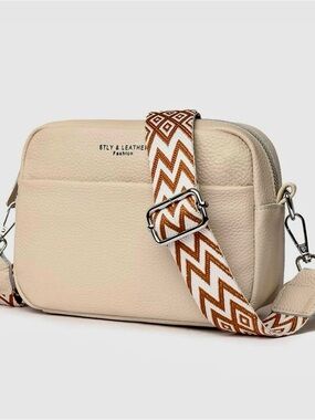 STLY & Leather Cream Crossbody Bag with Patterned Strap